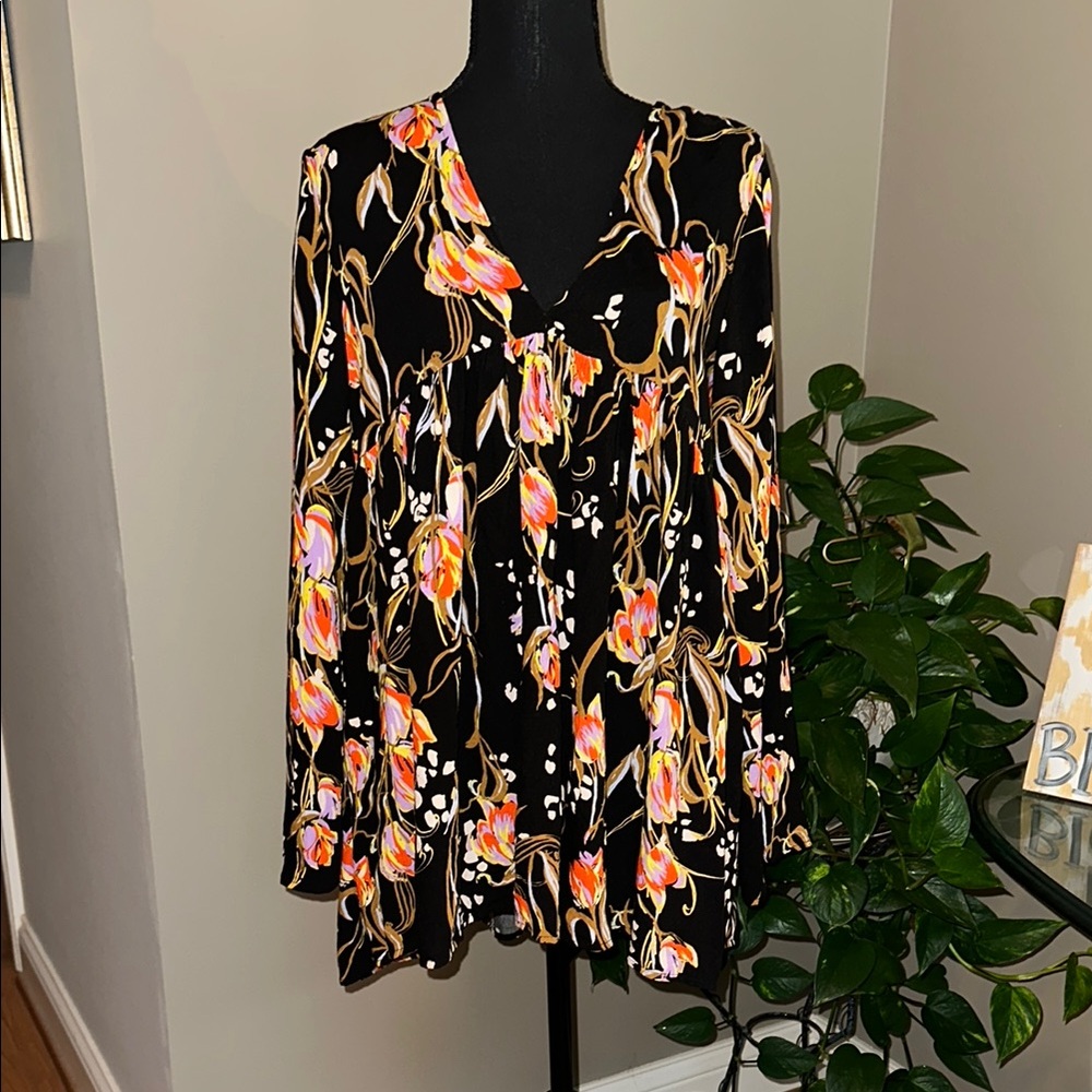 Black and Orange Asymmetrical Long Sleeve Blouse